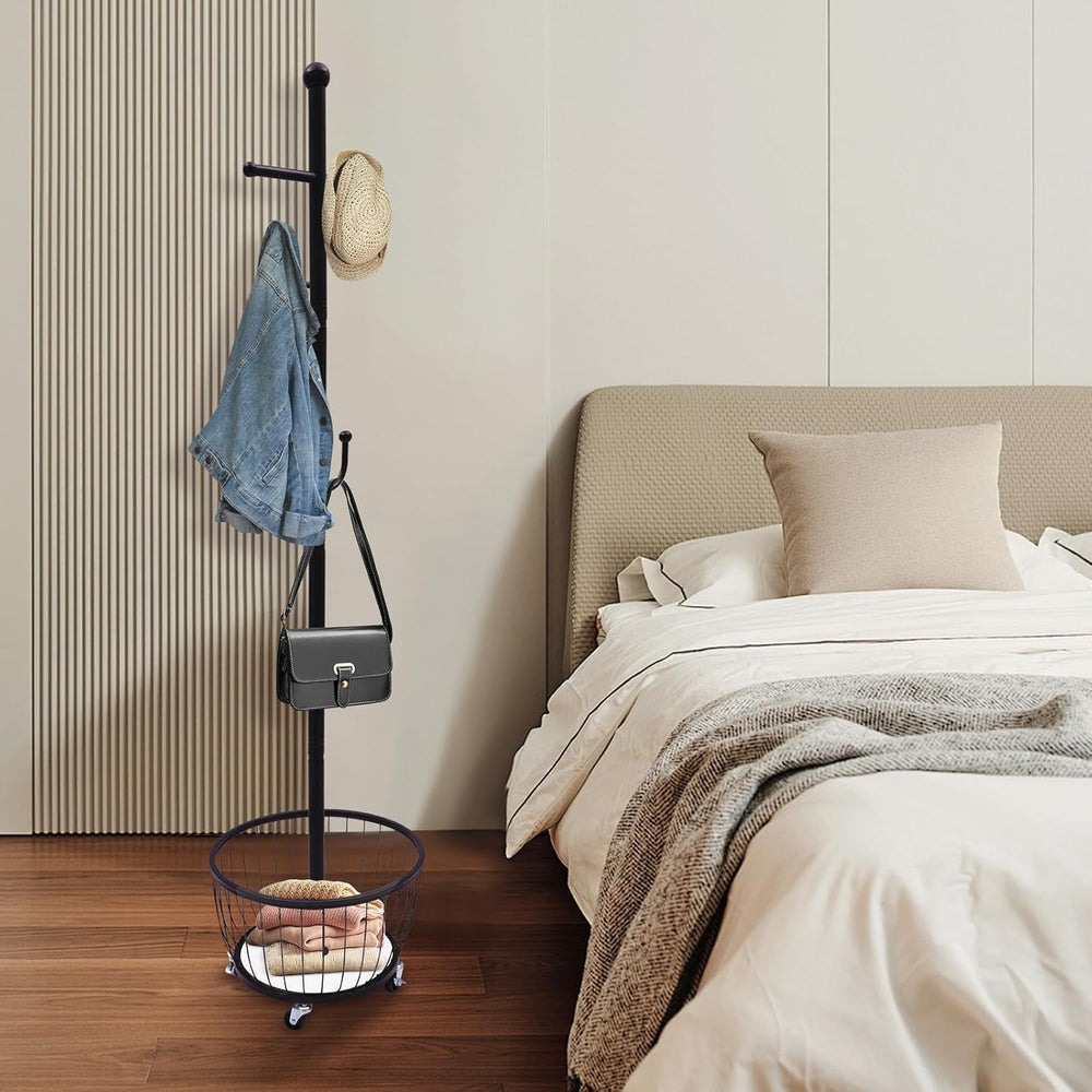 Floor Standing Coat Rack with Storage Basket and Wheels,Carbon Steel Hall Tre...