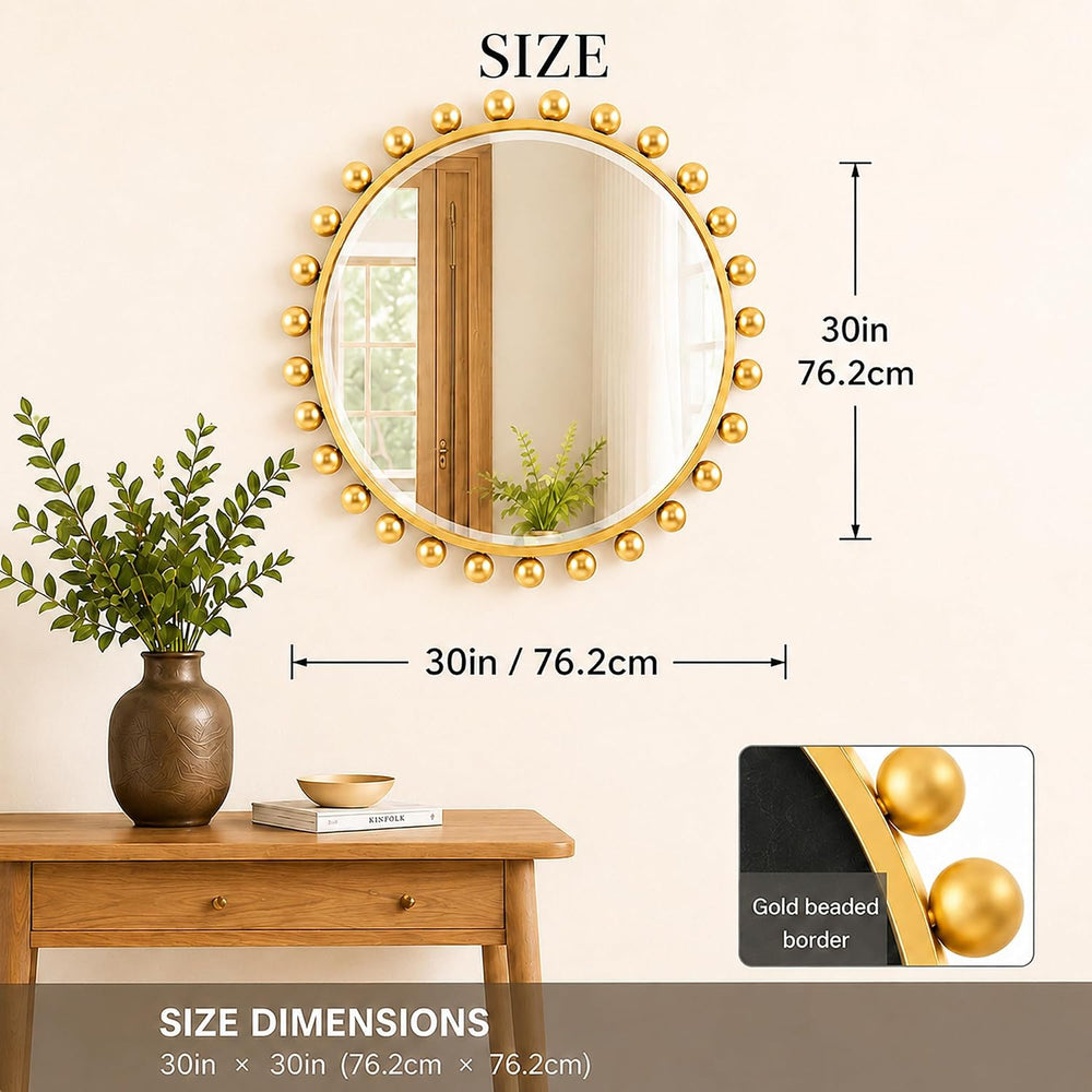 30 Inch Round Wall Mirror, Antique Gold Ball Frame, Beveled Glass