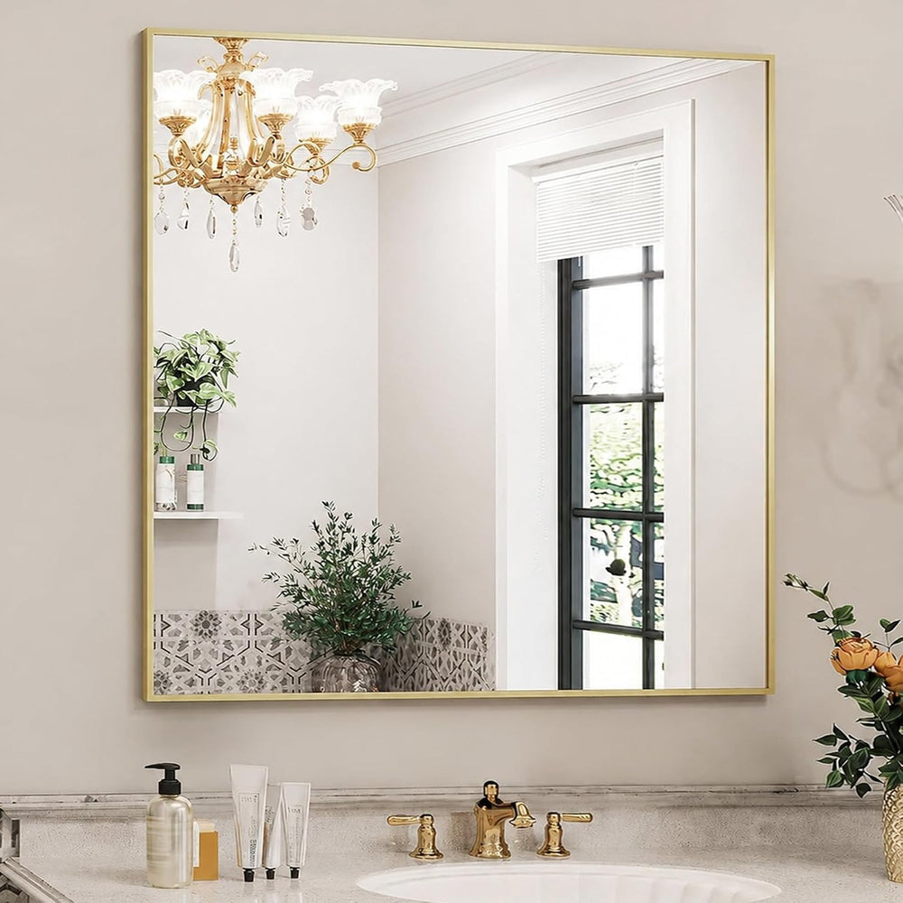 36x36 Inch Satin Gold Square Bathroom Vanity Wall Mirror