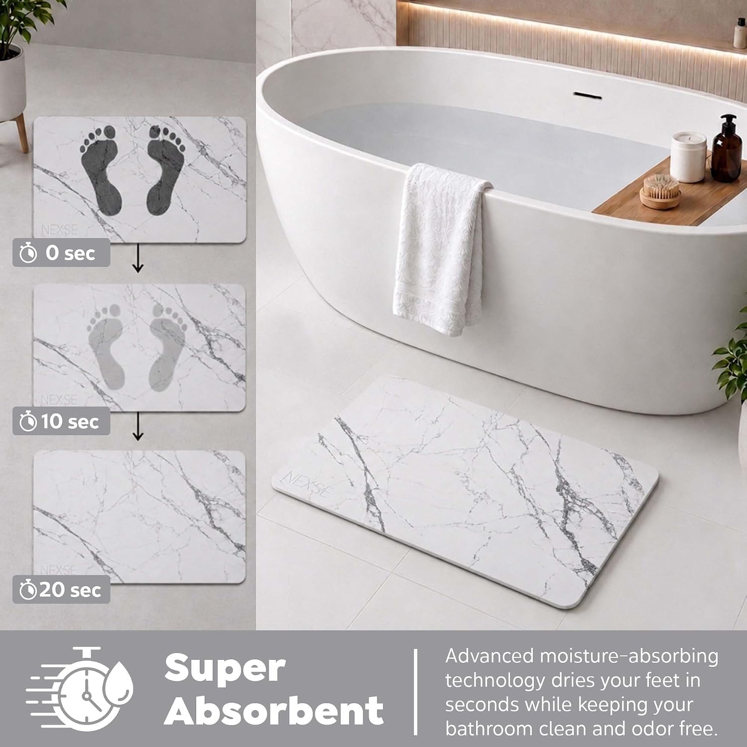 Extra Large Stone Bath Mat for Bathroom Floor (32" x 20") | Non Slip Super Absorbent Quick Dry Diatomaceous Earth Bath Mat | XL Diatomite Stone Bath Shower Mat | White