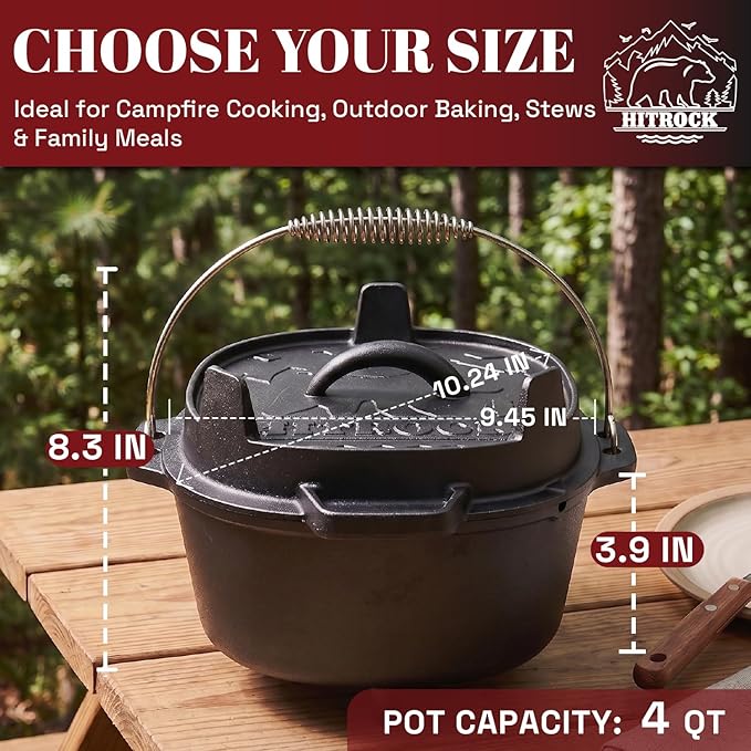 HITROCK Cast Iron Camp Dutch Oven 4QT, Pre-Seasoned Camping Dutch Oven