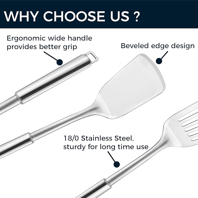14.5-in Stainless Steel Spatula Set, 18/0 SS Heavy Duty Turner & Slotted Spatula - Image 4
