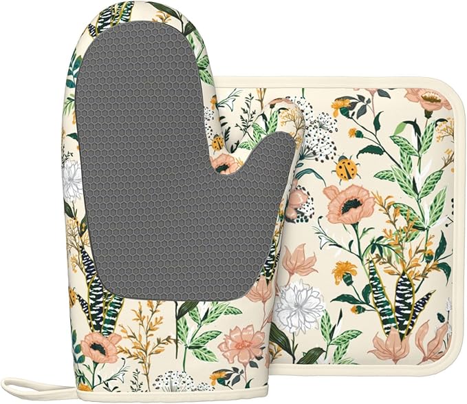 Floral Silicone Oven Mitts Pan Mats Set of 2, Heat Resistant Gloves Potholder - Image 2