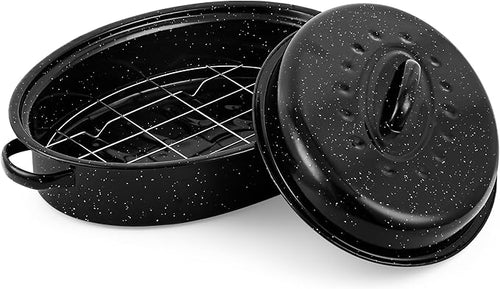 15” Roaster Pan with Lid and Rack, Small Enamel Roaster Pan with Oval Roasting by YIDAZLE