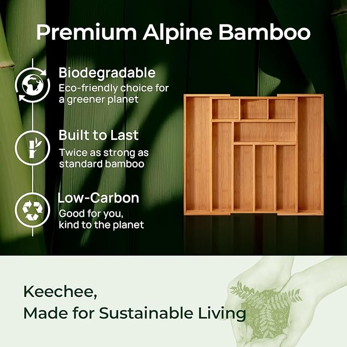 keechee Carbonized Bamboo Kitchen Drawer Organizer, 10 Slots Expandable - Image 7