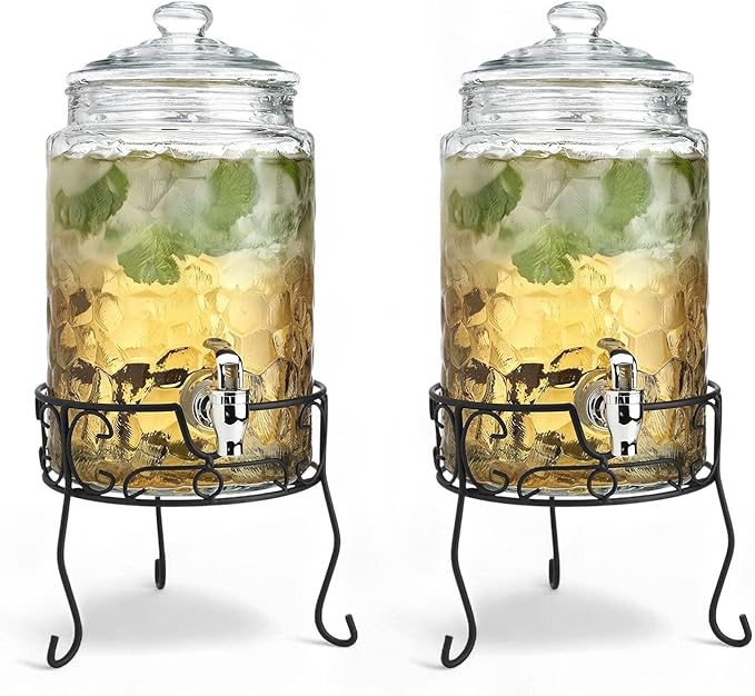 2 PACK 1.5 Gallon Drink dispenser, Classic Hammered Glass Beverage Dispenser by MosJos