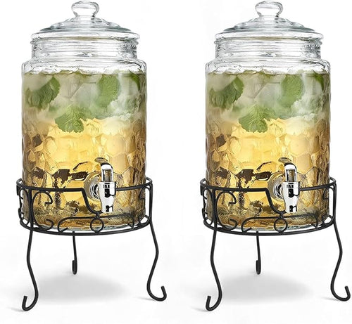 2 PACK 1.5 Gallon Drink dispenser, Classic Hammered Glass Beverage Dispenser by MosJos