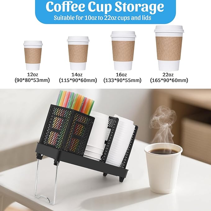 Coffee Cup Dispenser with Straws Holder, Plastic Coffee Cup and Lid Holder - Image 3