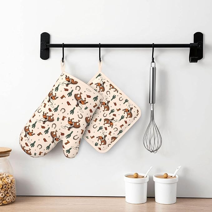 Western Cactus Cowboy Boho Silicone Oven Mitts Pan Mats Set of 2, Heat - Image 6