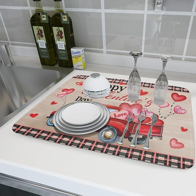 Valentine's Day Truck Dish Drying Mat 18x24 inch Love Heart Washable Absorbent - Image 6