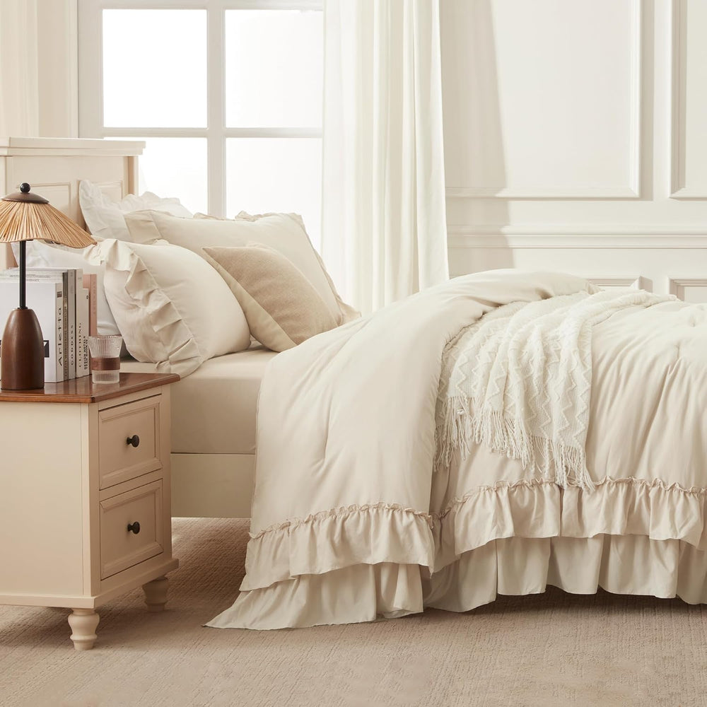 Andency Beige Ruffle Comforter Set King, 3 Pieces Solid Bedding