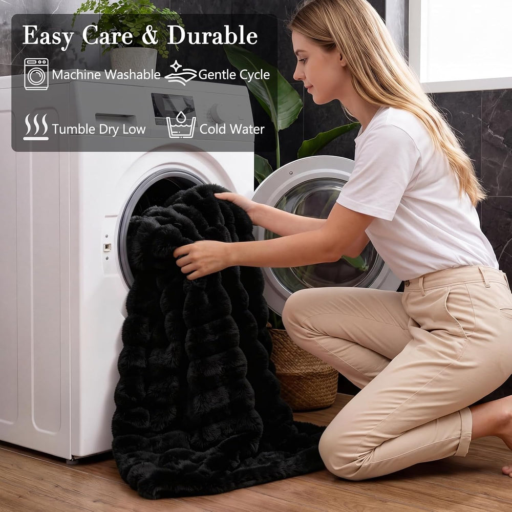 Black Faux Fur Throw Blanket for Couch Bed Fuzzy Plush Fluffy Soft Blanket fo...