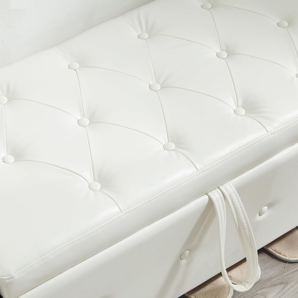 48" Storage Ottoman Bench, Ivory White | Faux Leather, Lift Top, For Liv...