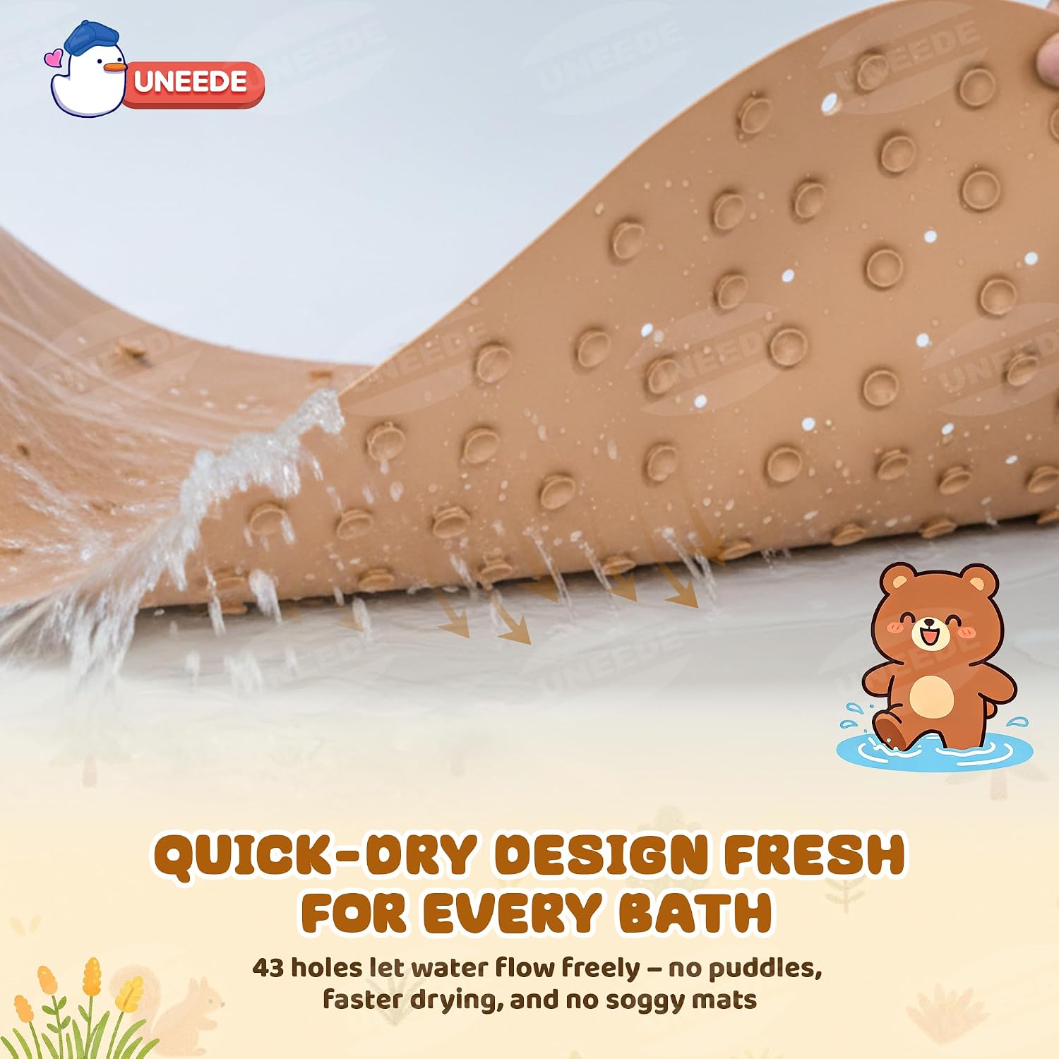 UNEEDE Non Slip Bathtub Mat for Kids | Natural Rubber Toddler Bath Mat with 126 Suction Cups and 43 Drainage Holes, Soft Machine Washable Bathroom Essentials