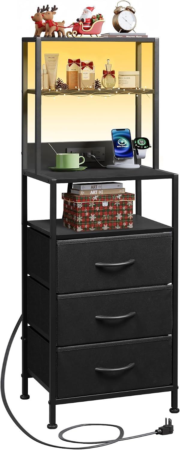 WLIVE Tall Nightstand with Charging Station, LED Night Stand with 3 Fabric Dr...