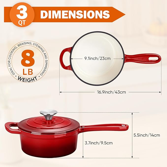 Homikit 3 Quart Saucepan with Lid, Enameled Cast Iron Sauce Pan, Enamel Cast - Image 2