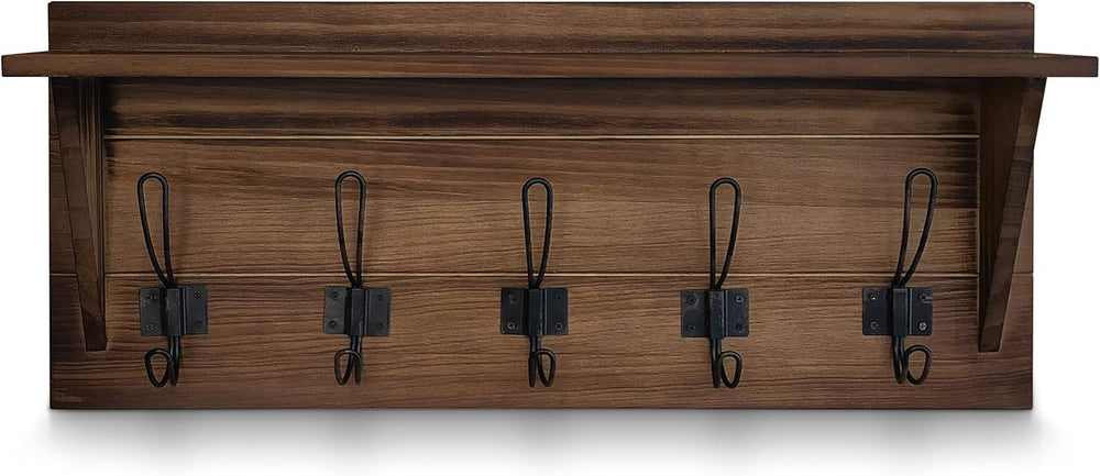 HBCY Creations Rustic Brown Solid Wood Wall Mounted Coat Rack with Shelf, 5 H...