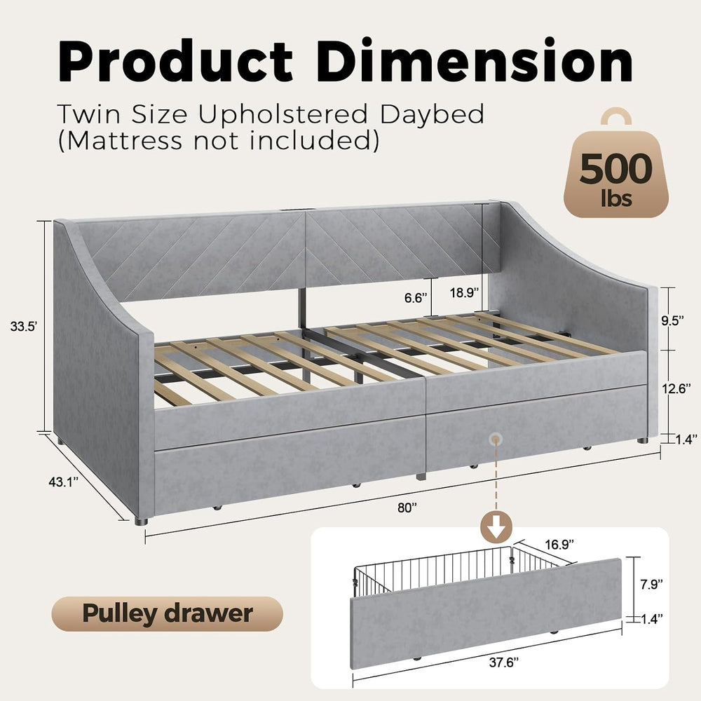 Twin Size Daybed with 2 Storage Drawers, Upholstered Daybed Frame with Chargi...