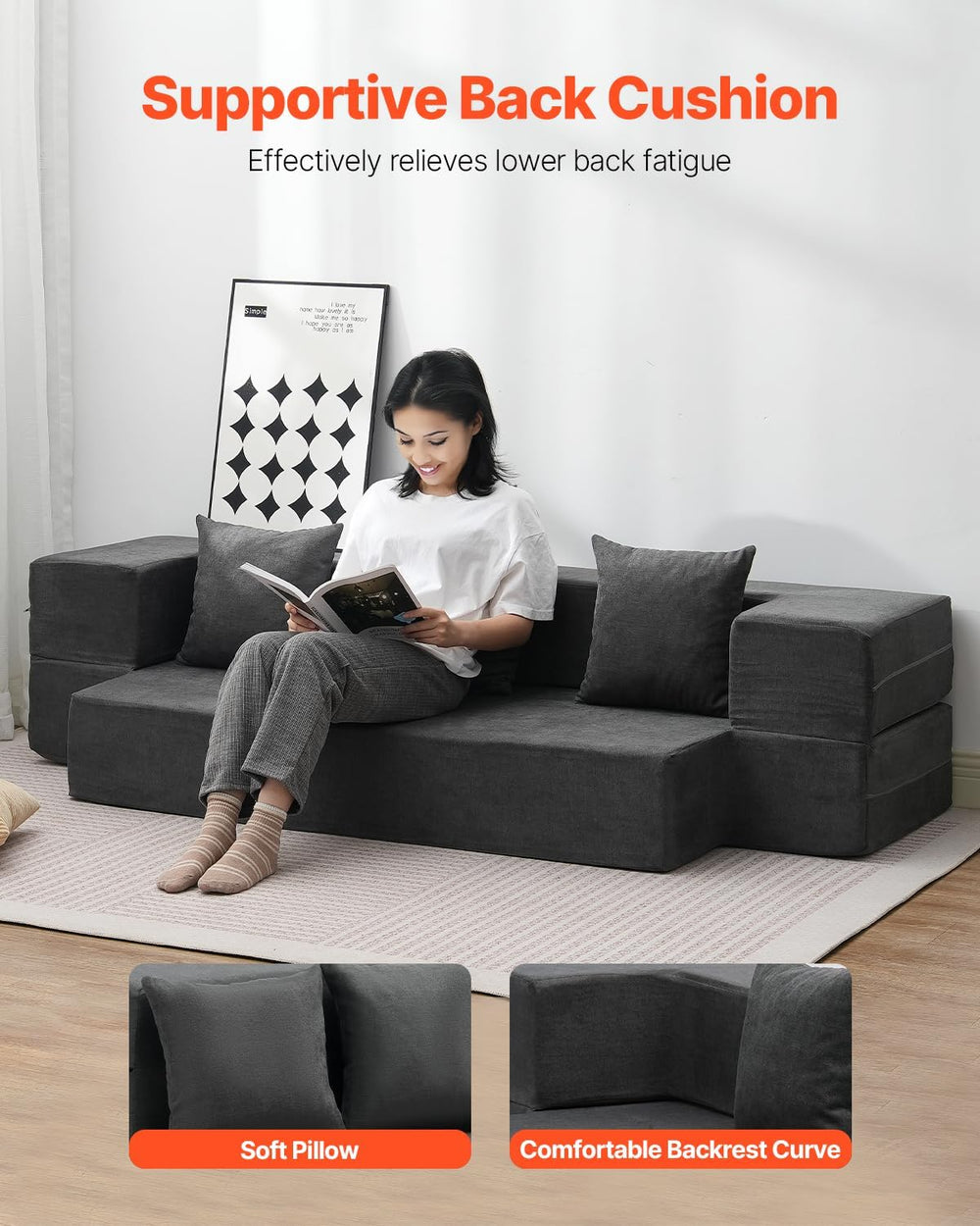 VEVOR Folding Sofa Bed, 3-in-1 Foldable Couch Bed with 3 Pillows and Washable...
