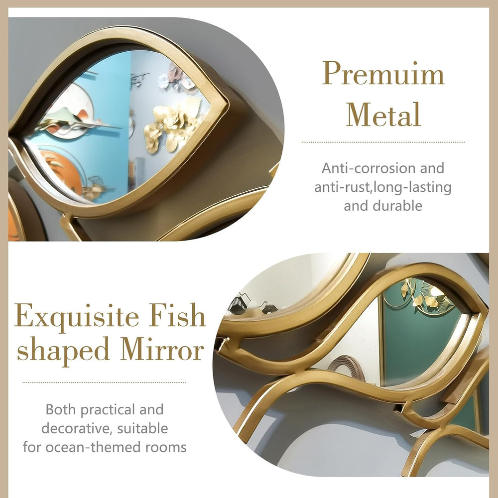 BECHAEO Coastal Metal Fish Mirror Wall Art Decor, 41" x 15" Gold