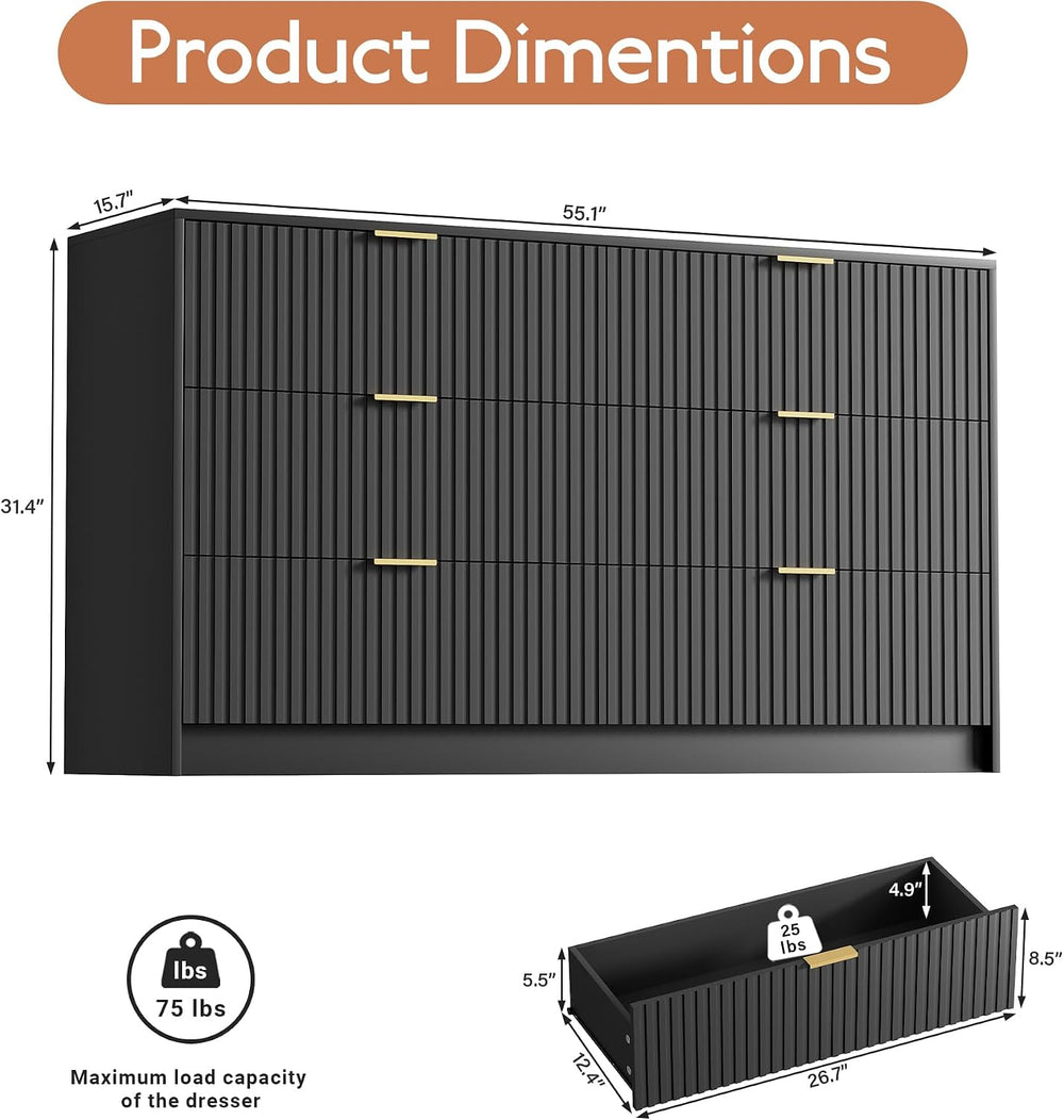 55.1" Wide Black Dresser for Bedroom, Fluted 6 Drawer Dresser