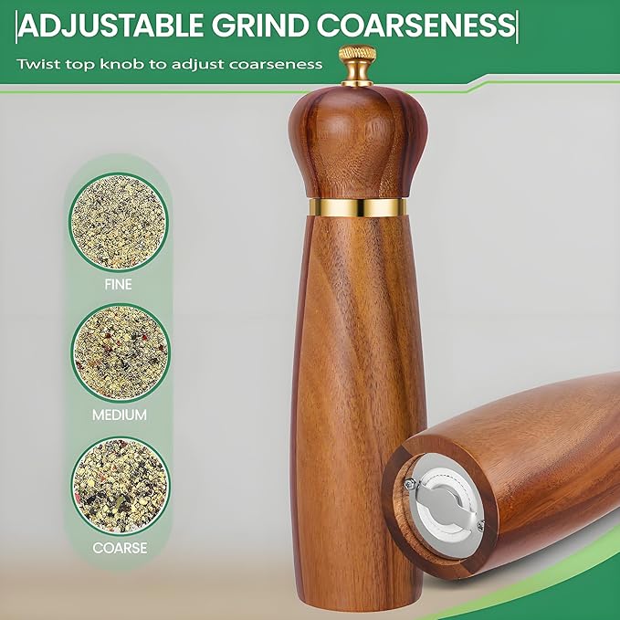 Acacia Wood Salt and Pepper Grinder Set, 8-Inch Manual Pepper Mill Grinder - Image 6