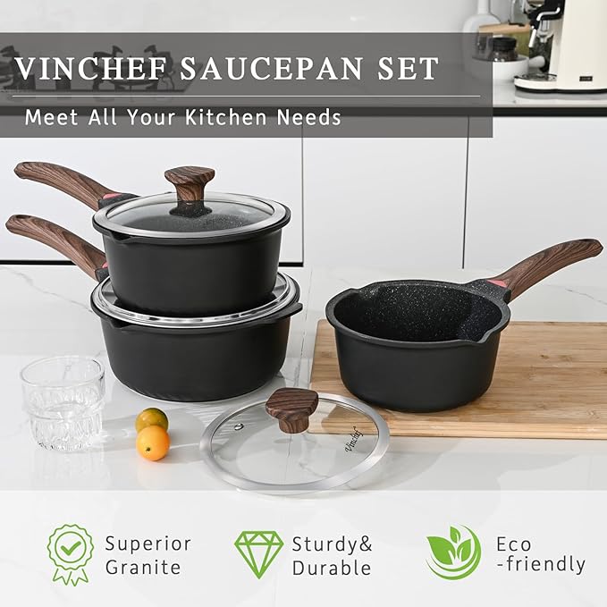 VINCHEF Sauce Pan Set with Lid 10PCS, 2QT+3QT+4QT Non Stick Sauce Pots Cooking - Image 2