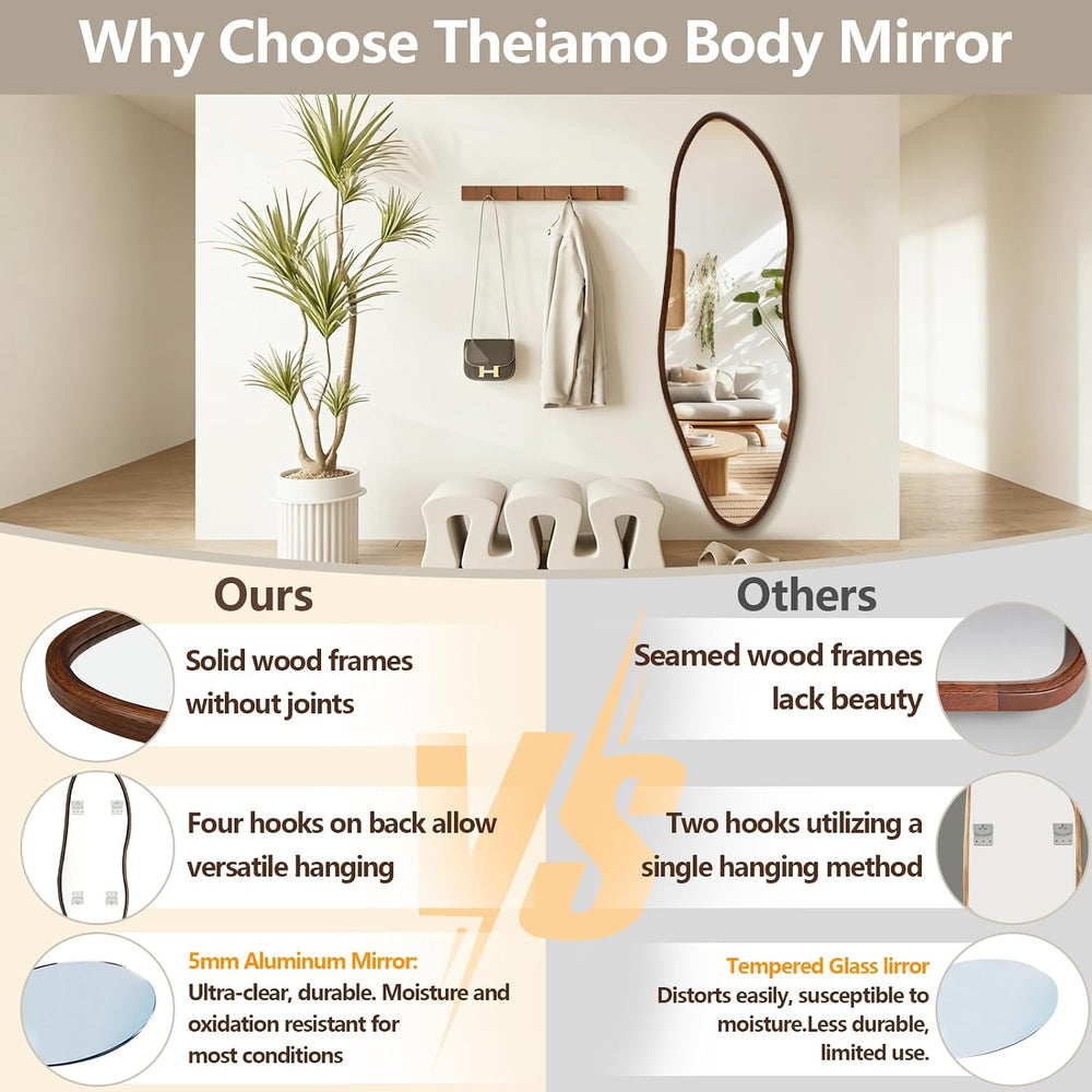 Irregular Full Length Mirror, 65"x22" Wood Full Body Mirror Walnut