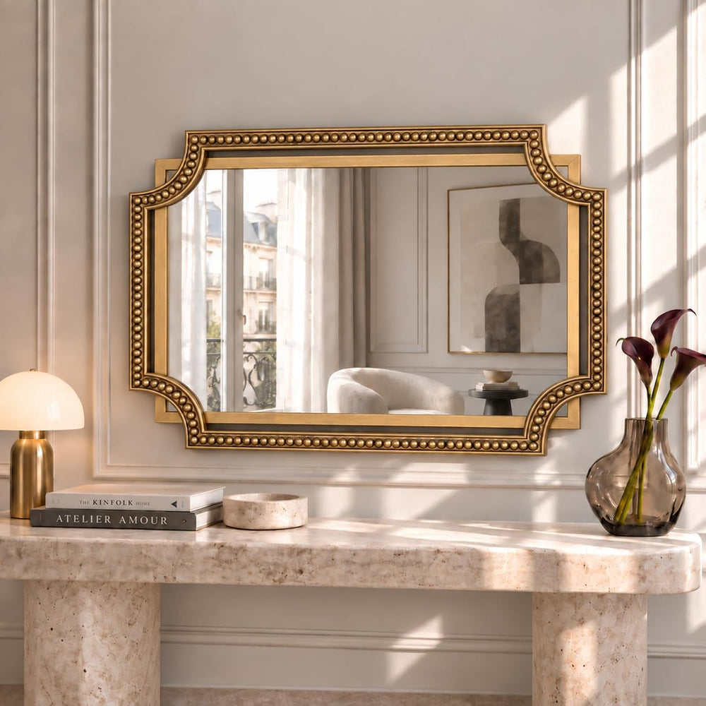 Gold Rectangle Wall Mirror, 36x24 Inch Scalloped Beaded Frame for Bathroom