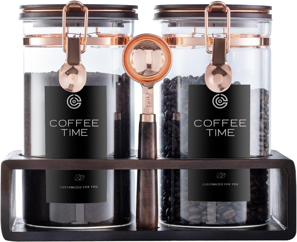 Glass Coffee Canister Set with Wooden Shelf, 2 Pack 45oz Airtight Food Storage