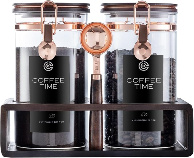 Glass Coffee Canister Set with Wooden Shelf, 2 Pack 45oz Airtight Food Storage by Unknown