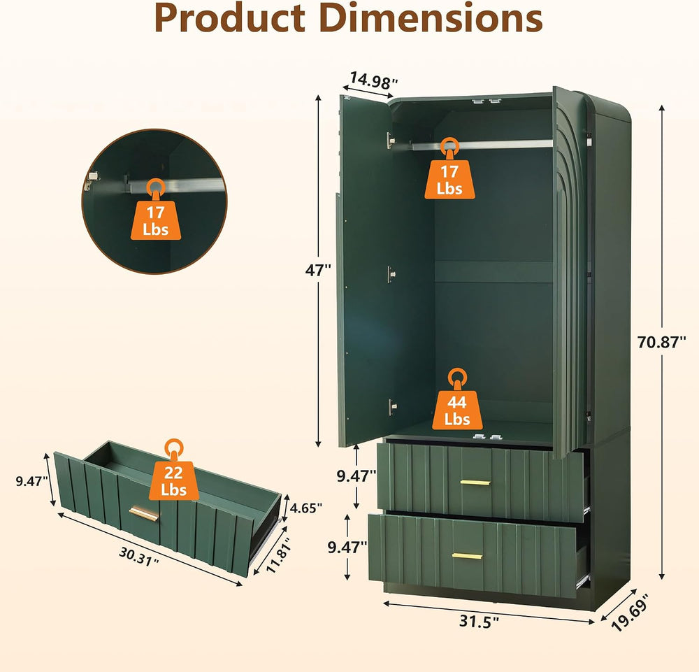 Freestanding Armoire Wardrobe Closet with Arched Fluted 2 Doors and 2 Storage...