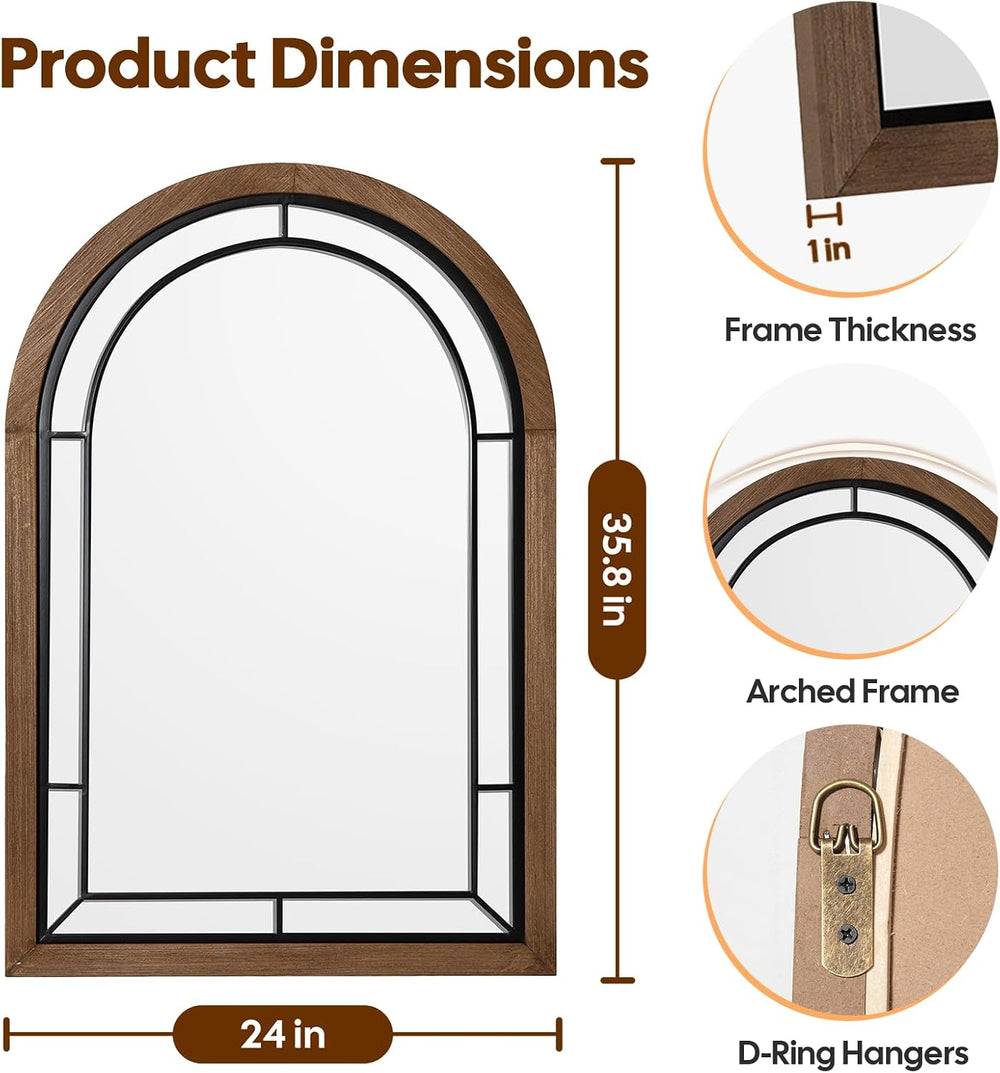 Arched Wall Mirror 36x24 Inch Rustic Wood Frame, Arch Brown