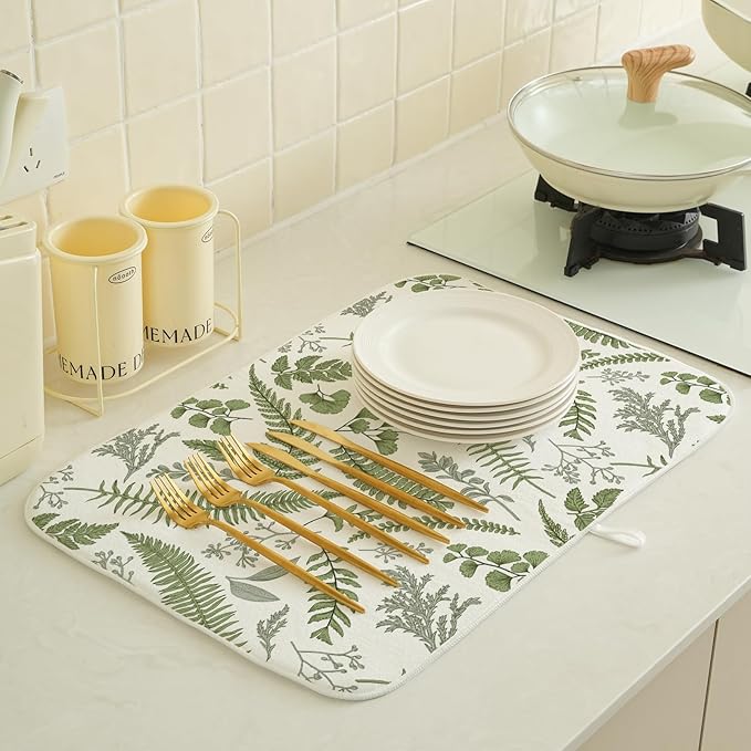 Sage Green Herb Leaves Dish Drying Mat 18 x 24 Inch Vintage Sage Green Leaf - Image 2