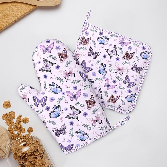 Butterflies Oven Mitts and Pot Holders Set, Cute Kitchen Accessories Heat - Image 8