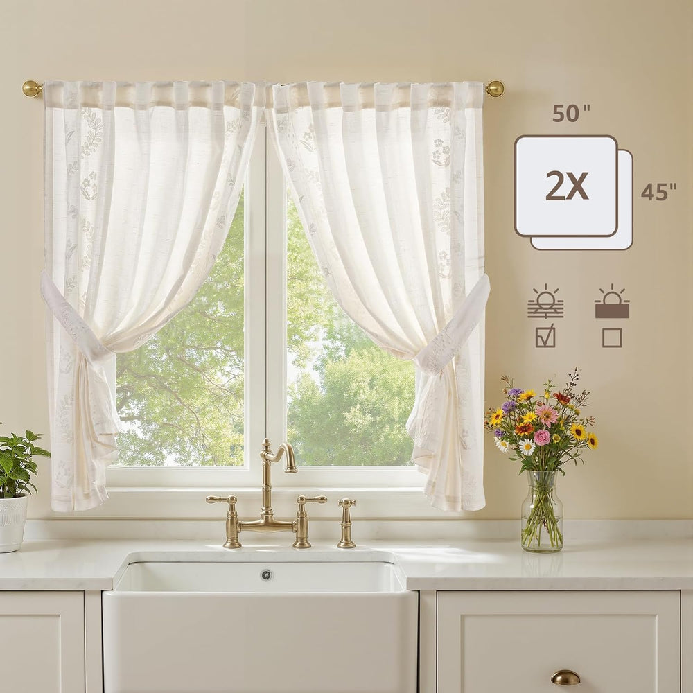 jinchan White Floral Linen Kitchen Tier Curtains 50x45 Inch 2 Panels