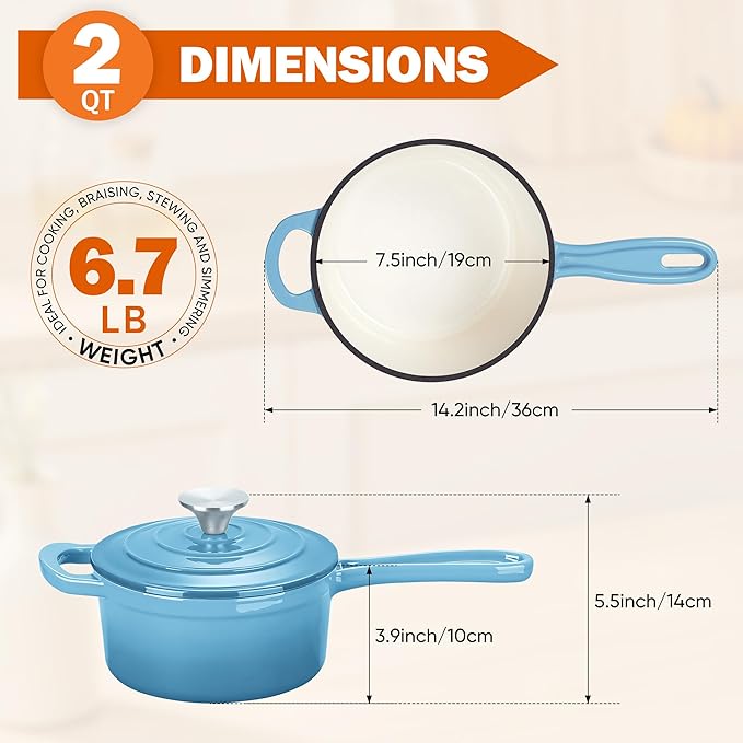 Homikit Small Cast Iron Pot, 2 QT Enameled Cast Iron Sauce Pan - Image 2