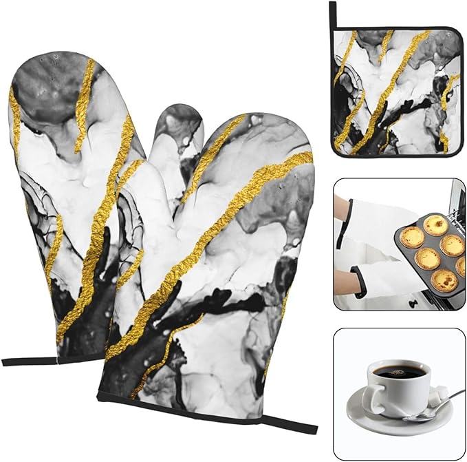 Black White Marble with Gold Stripes Oven Mitts and Pot Holders Set of 3 - Image 4
