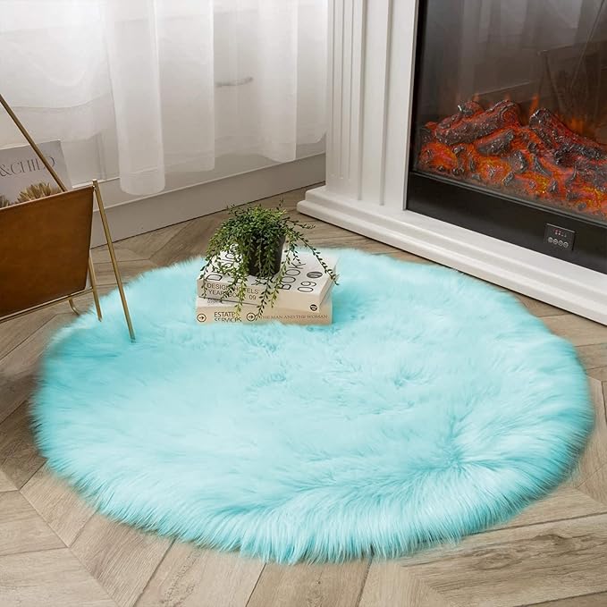 Latepis Blue Fur Circle Round Rugs 4ft Faux Sheepskin Rug Washable Fluffy - Image 7