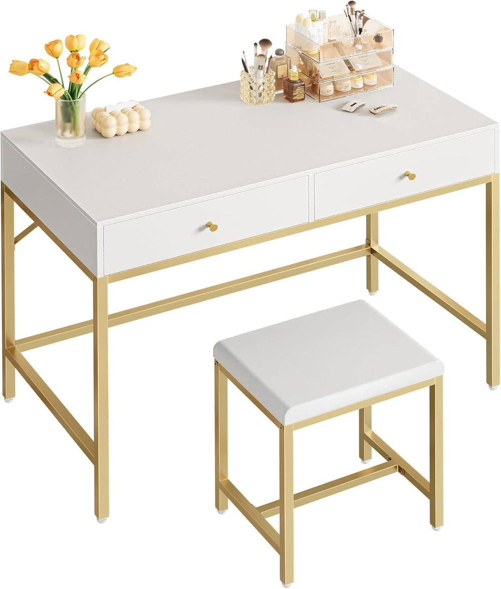 SUPERJARE 35.4" White and Gold Desk with 2 Drawers, Modern Makeup Vanity...