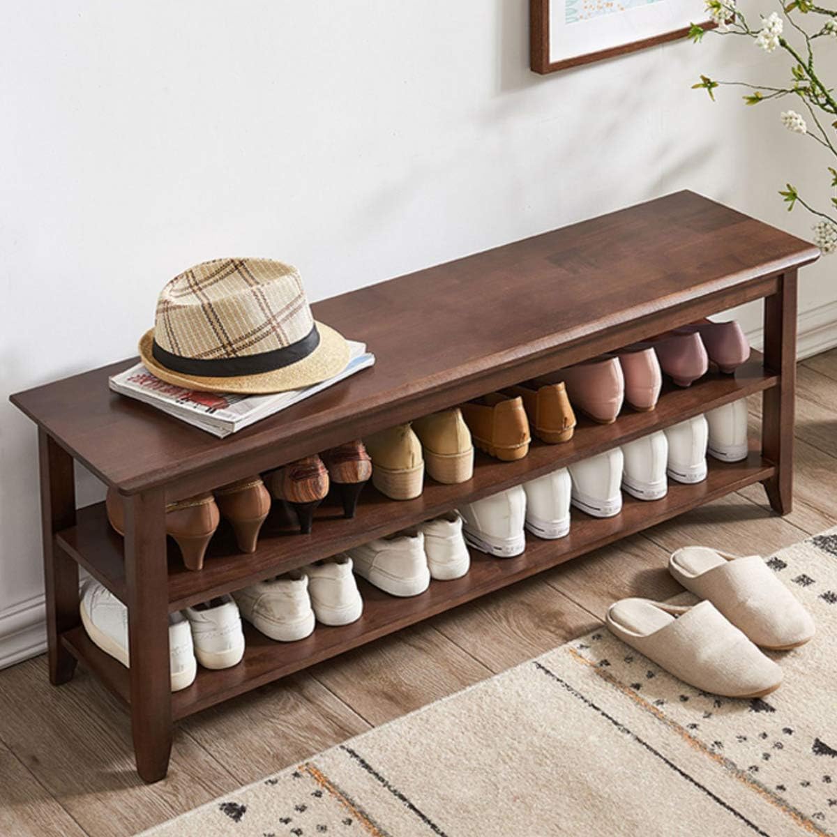 XKZG Shoe Rack Bench Wooden Shoe Storage Bench Entryway Bench, Brown, 47.2"
