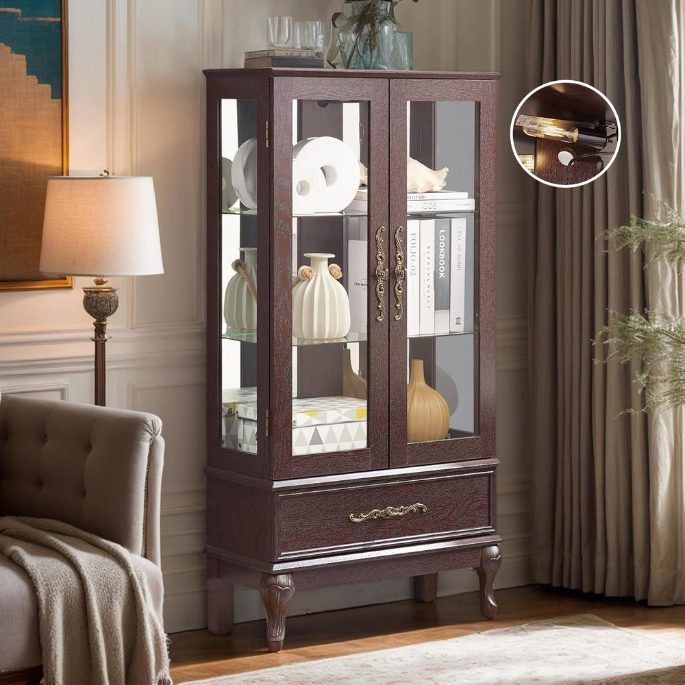 52" Lighted Accent Curio Cabinet, 3-Tier Antique Storage Cabinet with Te...