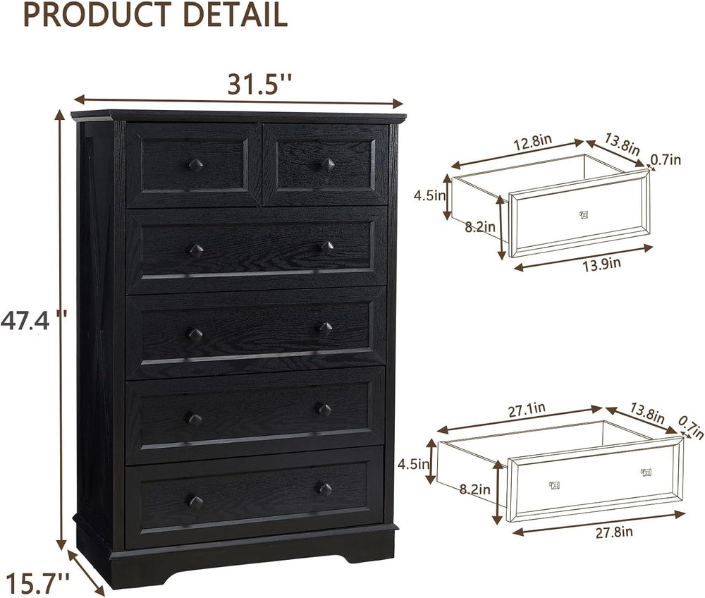 Farmhouse 6 Drawers Dresser Chests for Bedroom, Black 6 Chest of Drawers