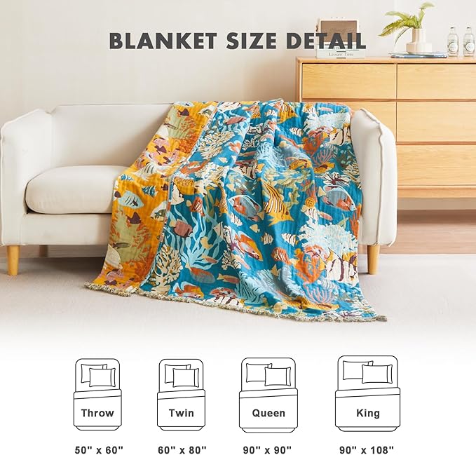 MSGKV Throw Blanket for Bed Cotton Cute Ocean Animals Twin Size Couch Blanket - Image 4
