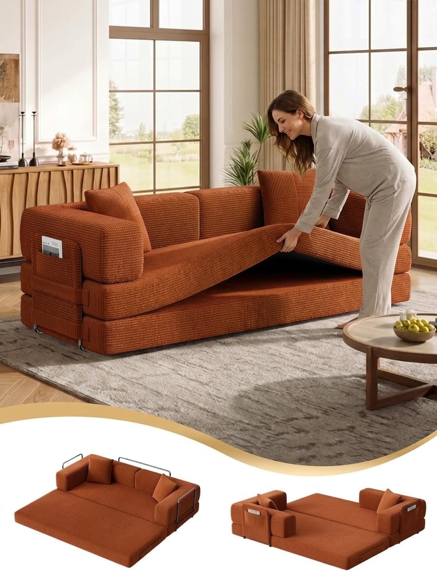 79.5" 5-in-1 Convertible Futon Sofa Bed, Boneless Corduroy, Orange