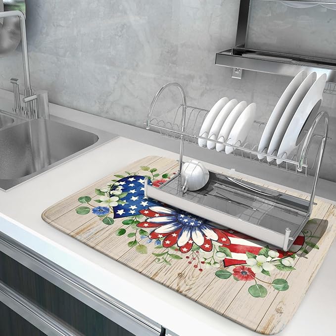 Independence Day Dish Drying Mat 18x24 inch Patriotic Love Heart Fast Dry - Image 5