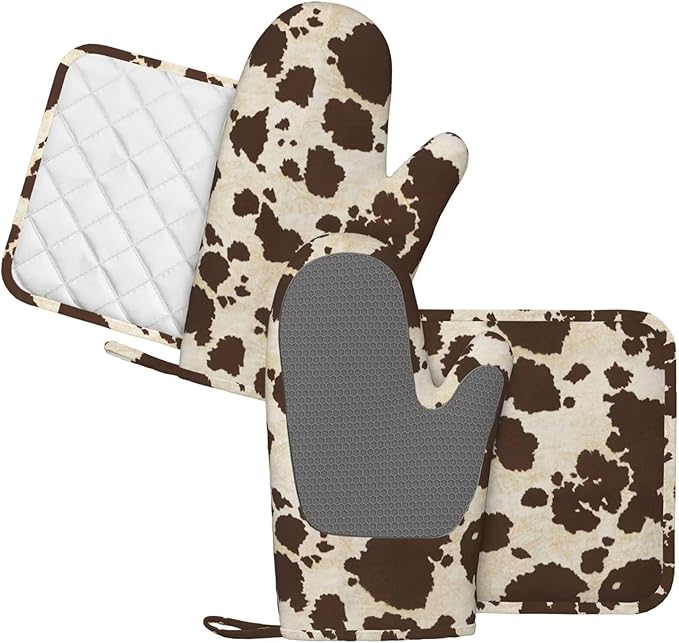 Brown Cowhide Oven Mitts and Pot Holders Sets Silicone Brown Cow Print Kitchen - Image 2