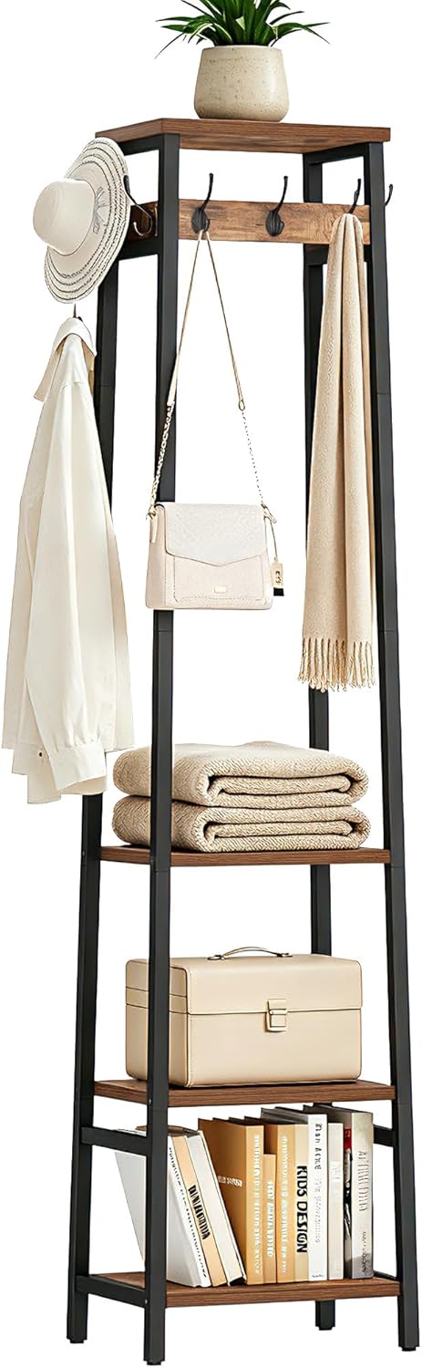 Coat Rack Freestanding, Coat Stand with 3 Shelves and 7 Hooks, Hall Tree Free...