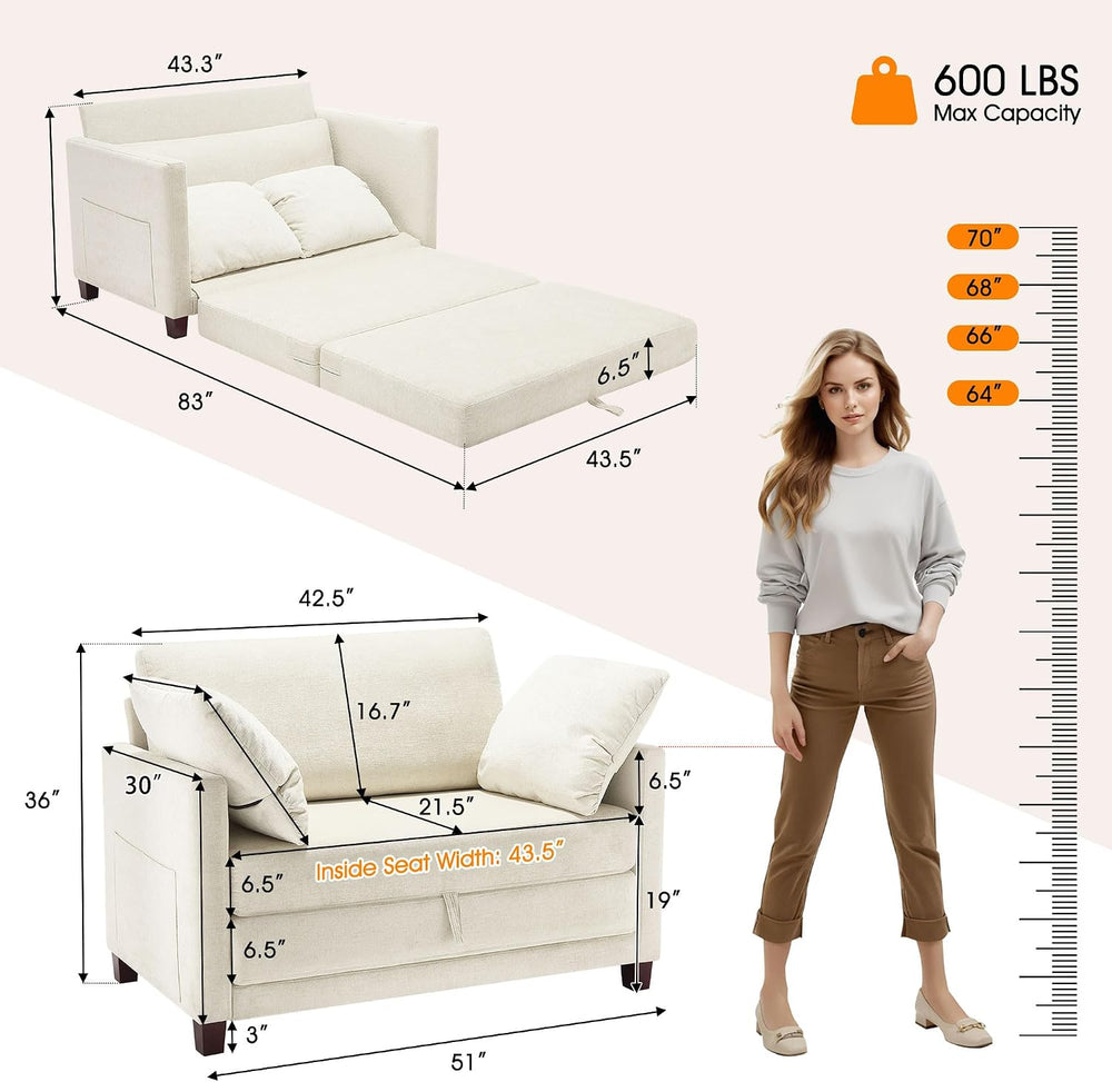 51" Loveseat Sleeper Sofa Bed, Chenille Convertible Floor Sofa Bed for S...