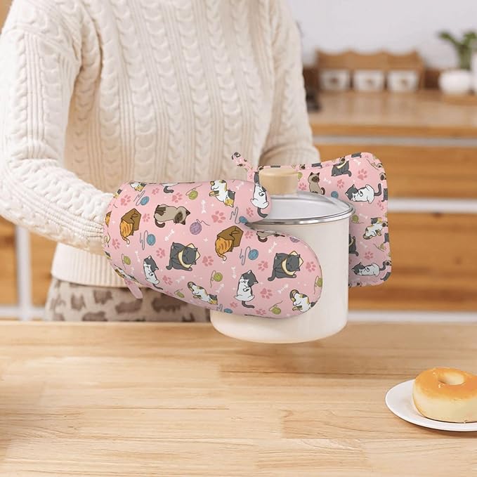 Cute Cats Oven Mitts and Pot Holders Sets Heat Resistant Non-Slip Silicone Oven - Image 2